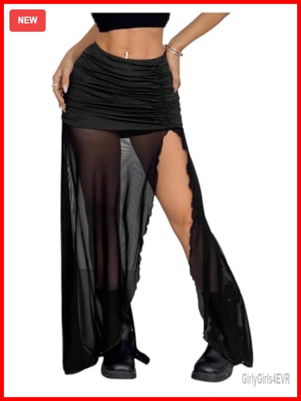 Goth Sheer Mesh Maxi Skirt High Slit Going Out